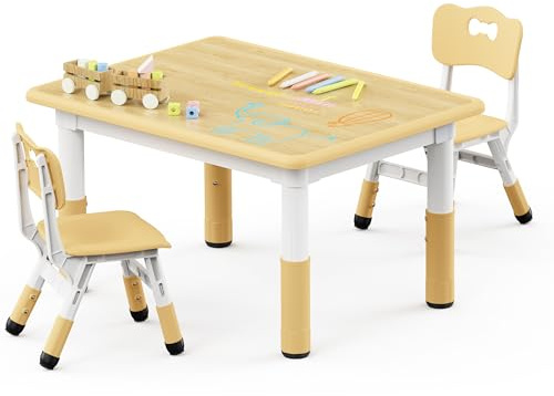 Brelley Kids Table and 2 Chairs Set, Height Adjustable Toddler Desk 31.5 L x 23.6 W and Chair Set, Graffiti Desktop, Classroom/Daycare/Home, Children Multi-Activity Table for Ages 3-8