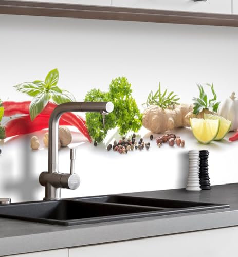 MyMaxxi Küchenrückwand Folie selbstklebend matt - einfache Montage ohne Bohren 0,4mm stark Versteift - Motiv Gewürze Gemüse Grün Weiß Rot Braun 60cm hoch - Spritzschutz Küche Klebefolie 80 x 60cm