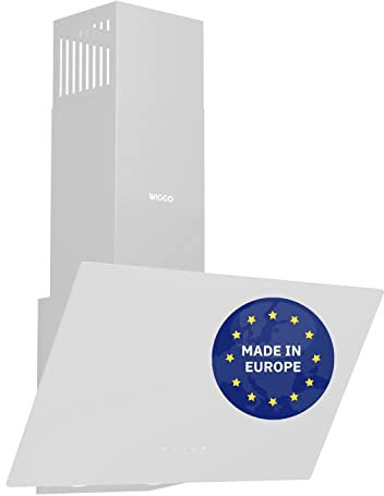 Wiggo Dunstabzugshaube 60cm kopffrei I Abluft Umluft Dunstabzug 650m³/h - Touch-Display 4 Stufen I Energieeffizienzklasse A Schräghaube inkl. Fettfilter & 2x Kohlefilter I Abzugshaube Glasfront weiß