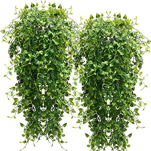 Künstliche Hängepflanzen, 4 Stück, 83.8 cm, künstliche Hängepflanzen, künstliche Efeublätter, UV-beständig, Kunststoff, Wandpflanzen, für drinnen und draußen, Zuhause, Garten, Büro, Regal-Dekor