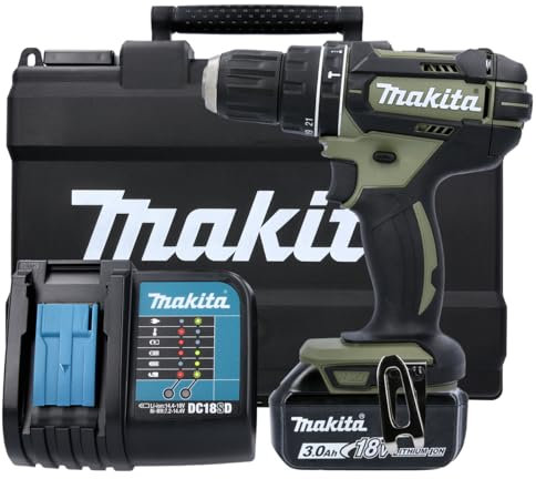 Makita DHP482SFO 18V LXT Cordless Olive Green 2-Speed Combi Drill with 1 x 3.0Ah Battery, Charger & Carry Case