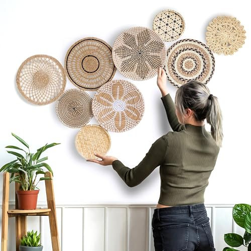 Artisire Boho Wandkorb Dekor – Set mit 9 gewebten Wandkörben für einzigartige Wohnkultur, runde dekorative hängende Boho-Wandkunst – handgefertigter Weidenkorb, Wanddekor-Set