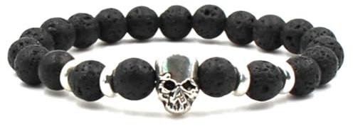 Daesar Männer Armbänder 19CM, Perlenarmband Herren 8MM Lavagestein Schwarz mit Totenkopf Charm Armbänder Perlen