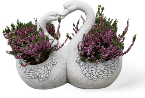 gartendekoparadies.de Liebevolle Schwäne als Blumenampel Pflanzgefäß aus Steinguss, H. 39 cm, 0,5 + 0,8 Liter, 16 kg, Grau, frostsicher für Außenbereich