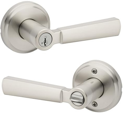 Kwikset Perth Entry Door Handle with Lock and Key, Secure Keyed Reversible Lever Exterior, for Front Entrance and Bedrooms, Satin Nickel, Pick Resistant Smartkey Rekey Security and Microban