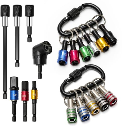 Zhichengbosi 11Pcs 1/4 Inch Keychain Drill Bit Holder, 3 Pcs Hex Shank Screwdriver Bit Holder, 3 Pcs Quick Release Bit Holder, 1 Pcs Right Angle Drill Attachment(18PCS)