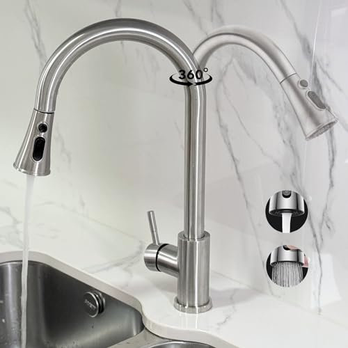 Doble Hache Grifo de Cocina Extraible con 3 Modos de Rociado Giratorio 360°, Grifo Extensible de Cocina Fregadero, Torneira Cozinha, Flexible Agua Fría y Caliente Acero Inoxidable (Plata)