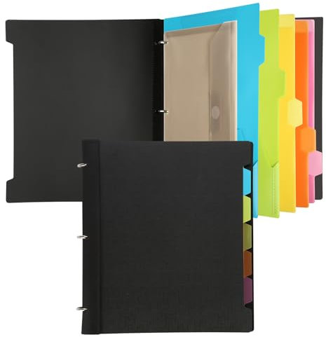 Tashkummy Pivotable Refillable Notebook, 1 inch 3 Ring Notebooks, 30 College Ruled Paper and 30 Graph Paper, 1 Movable Pocket, 5 Plastic Tabbed Subject Dividers, 200 Sheets Capacity- Black
