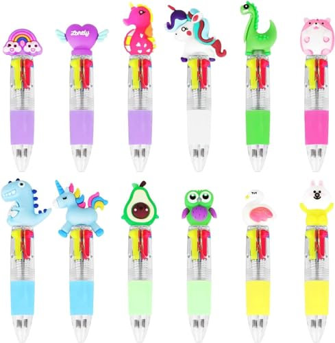 SULOLI 12pcs Stylos de Couleur Animaux pour Enfants, 4 en 1 Mignon Stylo Bille Rétractable- Fête Gadget Anniversaire Enfants Ecole Matériel Cadeau (Multicolore)