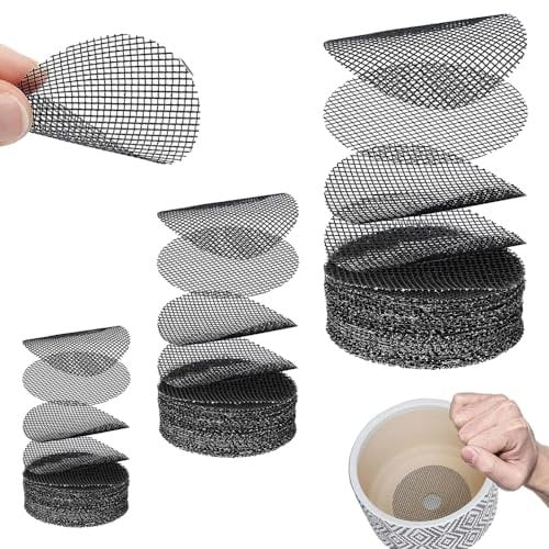 TRKETK 150 Piezas Almohadillas de Malla para Macetas, Hoja de Malla de Plástico Transpirable Rejilla Inferior para Macetas Redondas Almohadilla para Macetas de Jardinería Alfombrilla de Malla (Negro)