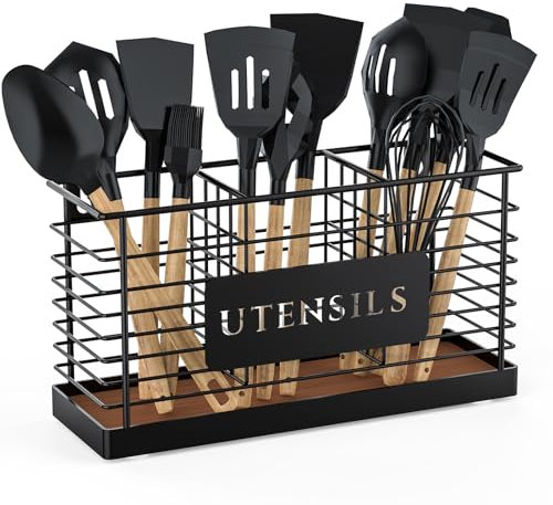 THYGIFTREE Large Utensil Holder for Kitchen Counter Black Metal Cooking Utensil Organizer for Countertop 3 Compartments Kitchen Tools Holder for Spatula Utensil Crock Caddy