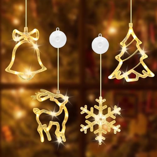 4er Set LED Weihnachtsbeleuchtung, LED Saugnapf Weihnachten Lichter, Weihnachtsbeleuchtung Fenster, Fensterbeleuchtung Weihnachten, Led Weihnachtsdeko Lichterkette für Weihnachten Deko, Balkon, Party