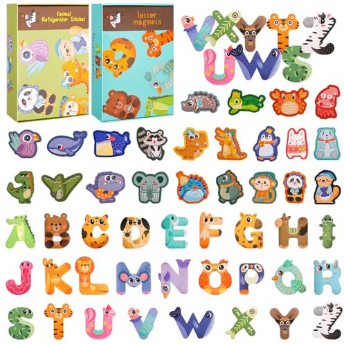ViEinkaufen 48 Pcs Magnetic Letters, Fridge Magnets for Kids Educational Learning Tool, Alphabet ABC Magnets for Refrigerator Animal Toys Educational Spelling Learning Games Toys for Baby Toddler