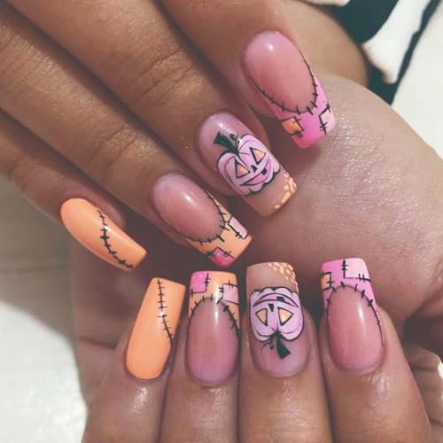 Halloween Press on Nails - 24PCS Pumpkin False Nails - Pink Yellow Long Coffin False Nails with Glue - Glossy Full Cover Cartoon Fun Fake Nails Long Lasting Halloween Nail DIY