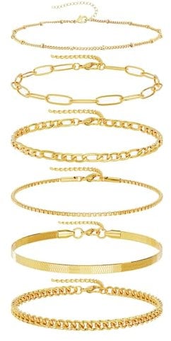 Ticome 6 Pcs Bracelet for Women Gold Stainless Steel Stacking Bracelets, Rope Cuban Figaro Link Charm Bracelet Adjustable Bracelet Stack Versatile Style Metal Bracelet Set for Women(Gold)