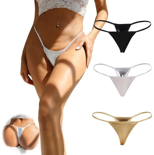 ohyeahlady Simili Cuir Mini String Ficelle Femme Sexy Érotique Grande Taille Micro String de Bain Hot Ouverte Bikini Culotte Tanga Chic Slip sous-vêtements Féminins T Backe 3 Pack,S