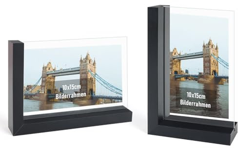 kollyseek 2er Set Bilderrahmen 10x15 cm, L-förmigem MDF Bilderrahmen mit Doppelseitiger nicht zerbrechliches gehärtetes Glas,Vintage-Schwarz