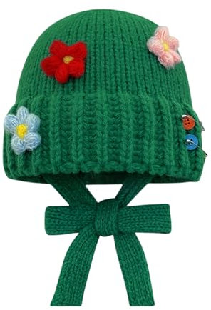Ldabrye Handgehäkelter Blumenhut für Damen, verstellbar, gestrickt, zum Binden, für Outdoor, Shopping, Fotohut, ästhetischer, warmer Fischerhut, grün, Einheitsgröße