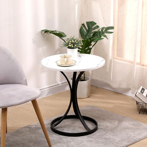 Pantanal Living Room Marble Coffee Table Round End Table, Circle Sofa Table Side Table Office Conversational Table Little Snack Tea Table Wood Tabletop with Black Matal Legs (50cm white marble)