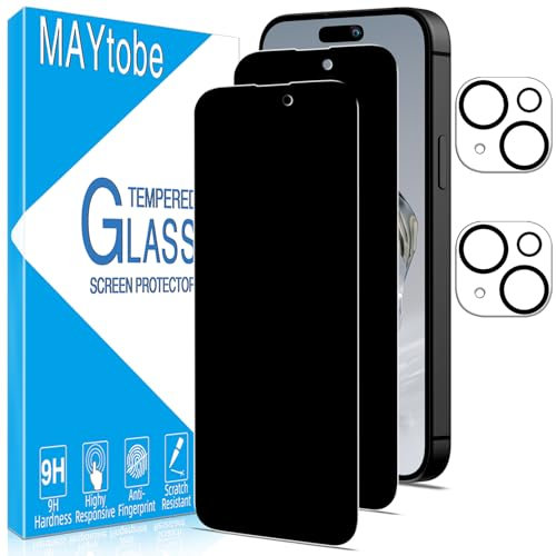 MAYtobe 2 Pack Privacy Screen Protector for iPhone 15 Plus with 2 Pack Camera Lens Protector, Anti Spy Tempered Glass, Case Friendly, Anti-Scratch, Ultra Resistant, No Bubbles