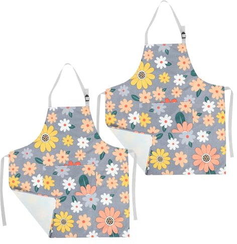 Zerodeko 2Stücke Küchenschürzen Für Damen Verstellbare Schürzen Mit Blumenmuster Und Taschen Koch Und Bäckerschürzen Für Grill Und Backen Pflegeleichte