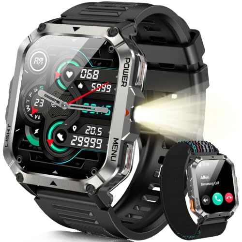 Blackview Rugged Military Smart Watch for Men Outdoor| 900mAh Battery | Flashlight & Compass | Bluetooth Calling | Health Monitor | 153+ Sports Modes | IP68 Waterproof for iOS Android