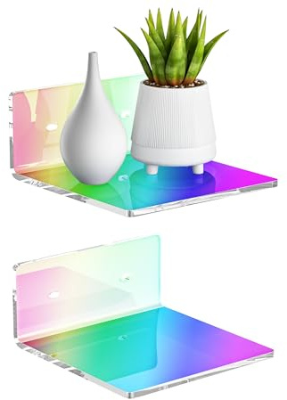 Sezanrpt 6 Inches Iridescent Acrylic Wall Shelves Set of 2, Wall Mounted Storage Display Shelves for Bedroom, Gaming Room, Living Room, Bathroom, Dining Room, Office, 2 Pack