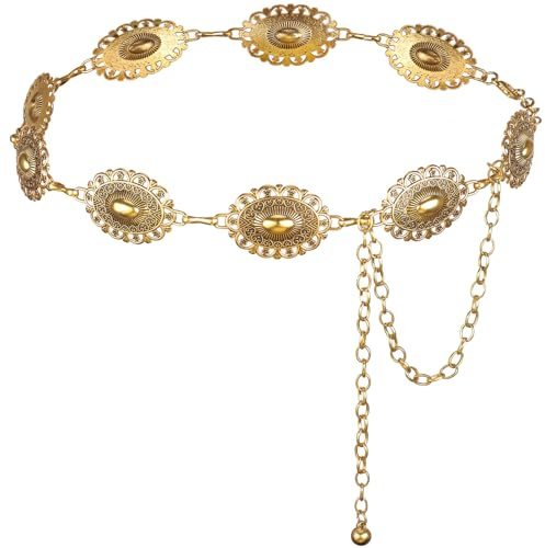 DRESHOW Western Metall Concho Gürtel für Damen Cowgirl Boho Concho Gürtel Verstellbare Silber Gold Vintage Taillenkette für Damen für Kleider Jeans Country Konzerte
