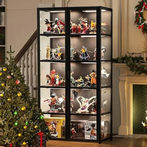 Scribora Standvitrine mit Acrylglas, 5 Böden Glas Vitrinenschrank, Dreiseitiger Transparenter Geschirrschrank, Bücherschrank mit Türen, für Wohnzimmer,Schlafzimmer,Büro (Schwarz doppelt offen)