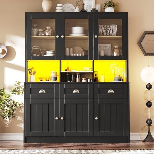 PUGSDRLY Armoire de Cuisine, Armoire Haute, Vitrine LED avec 6 Portes, 3 Tiroirs, Rangement Intelligent, 140 x 40 x 175 cm (Noir)