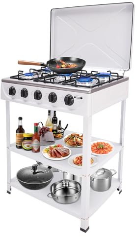 Levkitch NG/LPG - Plaque de cuisson à gaz - 5 brûleurs - Avec couvercle et étagère - 5 brûleurs - Commande indépendante - 5 brûleurs - Blanc
