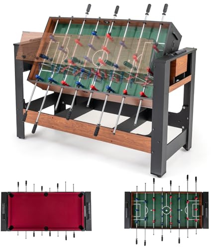 HOMASIS Multi Spieltisch, Multifunktionstisch mit Tischkicker & Billardtisch, Kickertisch Billard mit Bälle Queue Dreieck Bürste Kreide, Multigame-Tisch Kinder Erwachsene