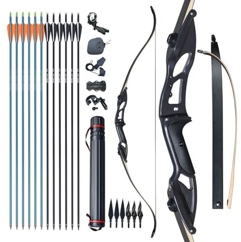 D&Q Recurvebogen Pfeil und Bogen Set 56 Zoll langbogen Rechte Hand Aluminiumlegierung Riser 30-50lbs Jagdbogen für Erwachsene Sportbogen(Schwarz,45lb)