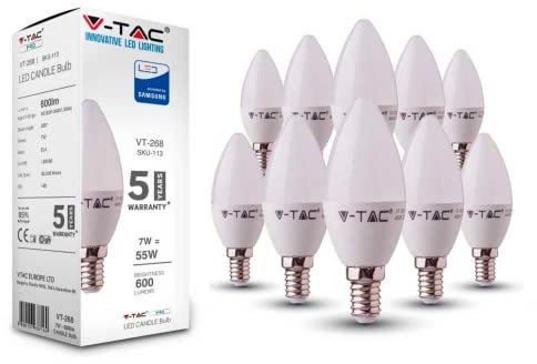 V-TAC 7W (45W) lampadina a LED a risparmio energetico con Samsung LED E14 SES (piccola vite Edison) 6400K colore bianco per la sostituzione per lampadari, non dimmerabile confezione da 10