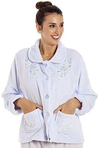 Camille Womens Supersoft Fleece Bed Jacket - Luxury Collared Warm Sleep Top - Button up & Long Sleeved Floral Blue 22-24