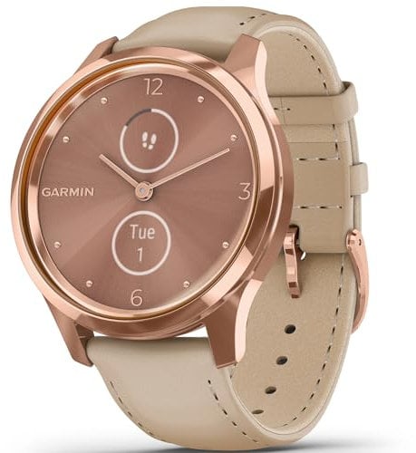 Garmin Vivomove Montre Intelligente Hybride de Luxe avec de véritables Aiguilles et écrans tactiles colorés cachés, Or Rose avec Bracelet en Cuir Sable Clair