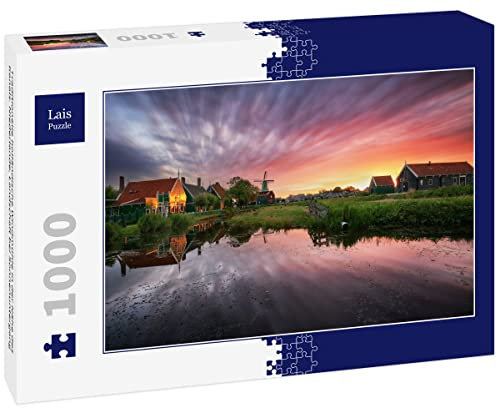 Lais Puzzle Traditionelle holländische Windmühle in der Nähe des Kanals. Niederlande, Landschaft bei Sonnenuntergang 1000 Teile