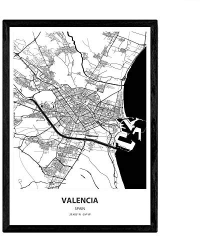 Nacnic Poster mit Karte von Valencia - Spanien. Blätter von Städte in Spanien mit Meeren und Flüssen in schwarz und weiß. A3