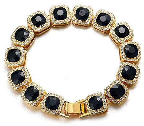 Halukakah Diamant Gold Armband für Männer,Herren 18 Karat Echt Vergoldet Quadratischer Schwarz Diamant Armband 21.5cm,Zinken-Set Labordiamanten,mit KOSTENLOSER Geschenkbox