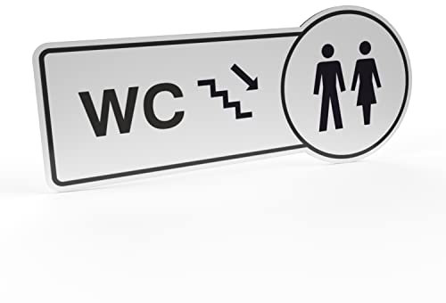 Betriebsausstattung24® Hinweisschild WC Treppe runter | Aluminium- Verbundplatte (BxH): 30,0 x 13,0 cm | Befestigungsart: Zum Verkleben oder Verschrauben | Symbol und Text Schild | WC Schild