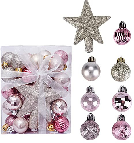 30pcs Mini Christmas Balls Ornaments Tree Top Star Gift Box Christmas Baubles Christmas Tree Pendant for Holiday Party Decorations Red Silver Gold Pink