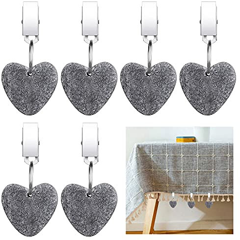 MOROBOR Tablecloth Weights Clips, 6pcs Tablecloth Weights Heart Shape Stone Tablecloth Weights Metal Clip for Outdoor Picnic Family Dinner Table Decoration (Gray)
