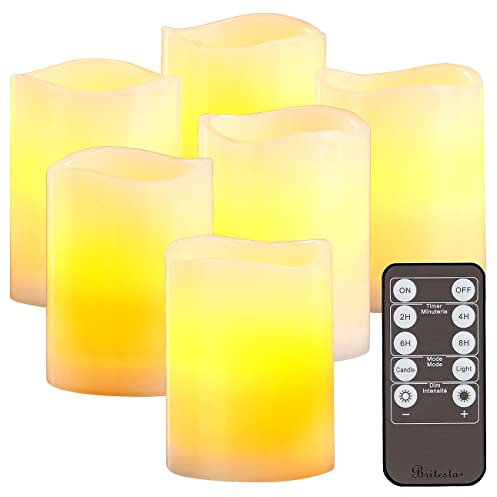 Britesta LED-Kerzen-Set mit Timer: 6er-Set dimmbare LED-Echtwachskerzen mit Fernbedienung, je 7,5 x 10 cm (Elektrische Kerzen mit Timer, Elektrische Wachs-Kerzen, Fernbedienungen)