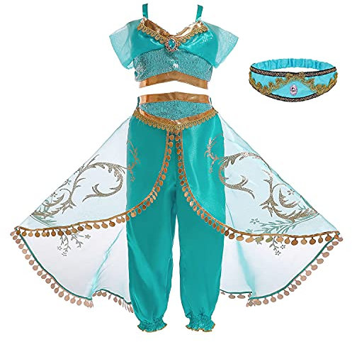 Eleasica Fille Aladdin Jasmine Princesse Cosplay Costumes 2pcs Ensembles Pantalons Conte de Fée Déguisement Bleu Respirant Halloween Noël Anniversaire Carnaval Fête Cosplay,Bandeau,130