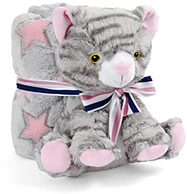 Kuscheldecke Baby Jungen Mädchen mit Kuscheltier - Babydecke Flauschig Kleinkind ab 0+ Monaten mit Plusch Spielzeug - Pluschtier Supersoft Weich mit Decke Kinder 1 2 3 Jahre - 120x80 cm (Katze)