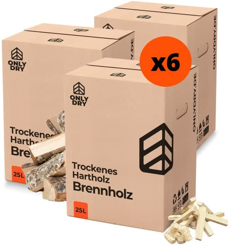 Onlydry Bois de chauffage avec moins de 18 % d'humidité dans un carton de 25 l – Parfait pour le four, le brasier, la cheminée, le poêle – Bois de cheminée propre et sec avec kit d'allumage