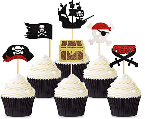 Blumomon 24 Stück Piraten-Cupcake-Topper, Totenkopf-Flagge, Cupcake-Picker, Babyparty, Piraten-Motiv, Kinder, Jungen, Mädchen, Geburtstagsparty, Kuchendekorationen