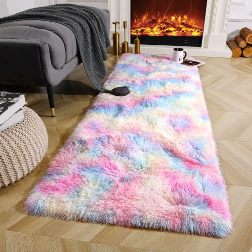 Ompaa Weicher, flauschiger Regenbogen-Läufer für Mädchen, Schlafzimmer, Teppiche, Kawaii-Batik, Kinderteppiche für Teenager, Einhorn, Wohnheim, Teppich für Baby-Prinzessinnenzimmer, 6x12 cm