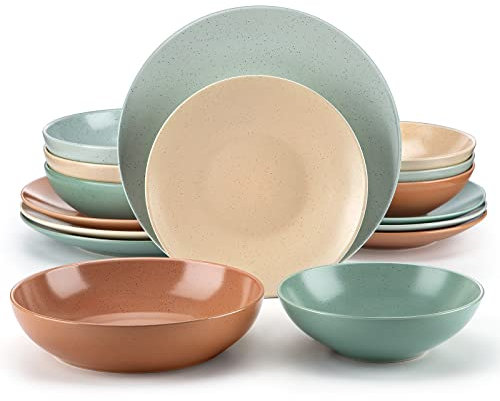 vancasso Sabine Service de table 16 pièces en grès pour 4 personnes comprenant une assiette plate, une assiette à dessert, un bol à pâtes et un bol à céréales, multicolore