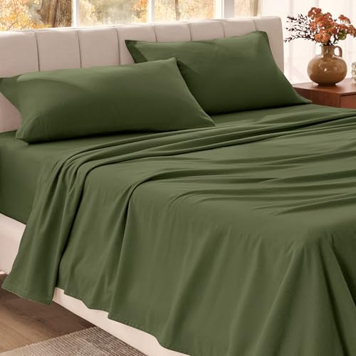 Bare Home Organic Cotton Flannel Sheet Set - Queen Size - 100% Cotton - Double Brushed for Extra Softness & Comfort - Warm, Cozy, and Durable - Breathable - Bed Sheets (Queen, Cypress)